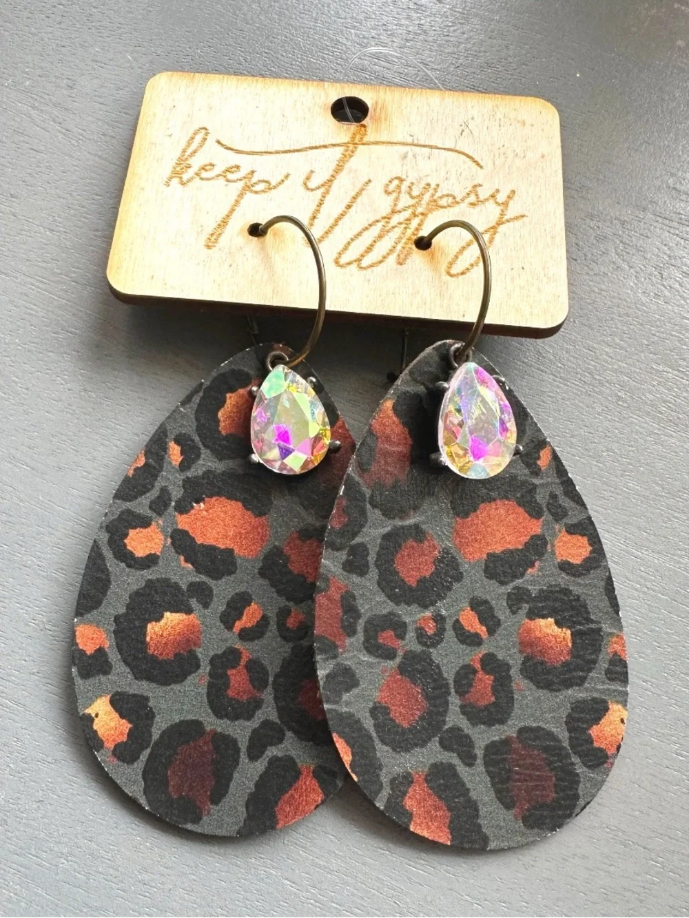 Keep it Gypsy Painted Leopard Print Leather Teardrop Shaped earrings NWT